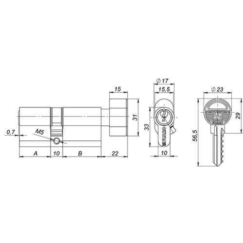 Цилиндровый механизм с вертушкой 100 ZM 60 mm (25+10+25) BP латунь 5 кл.